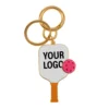 Tennis racket keychain featuring the words "Your Logo," designed for enamel pickleball enthusiasts.