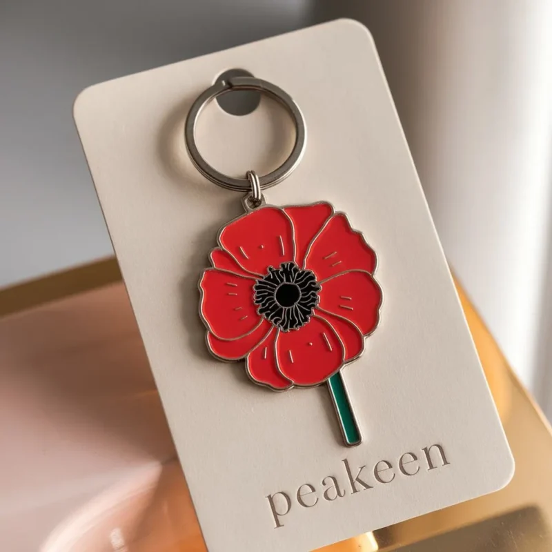A red enamel poppy pin attached to a keychain, symbolizing remembrance and honoring veterans.