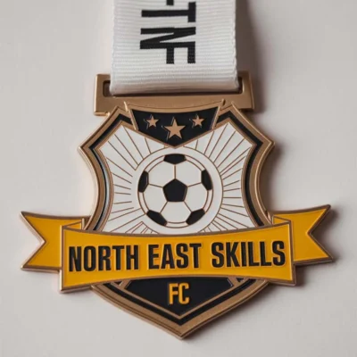 Medal featuring "North East Skills FC" text, designed for soccer achievements, with an enamel finish.