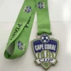 Enamel soccer medal in green, inscribed with "Cape Coral Cup" for a sports achievement recognition.