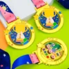 Three kid medals featuring a picture of a smiling child, symbolizing achievement and participation in activities.