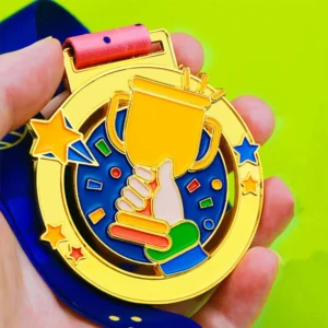 A child proudly holds a medal featuring a gold star, celebrating their achievement in a fun competition.