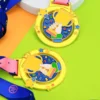 Two kid medals with colorful ribbons displayed on a vibrant background.