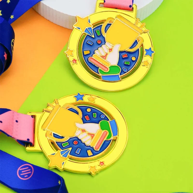 Two kid medals with colorful ribbons displayed on a vibrant background.
