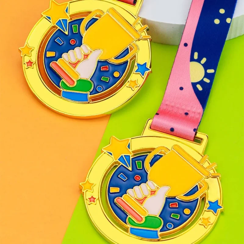 Two kid medals featuring a star and a cup, symbolizing achievement and success in a playful design.