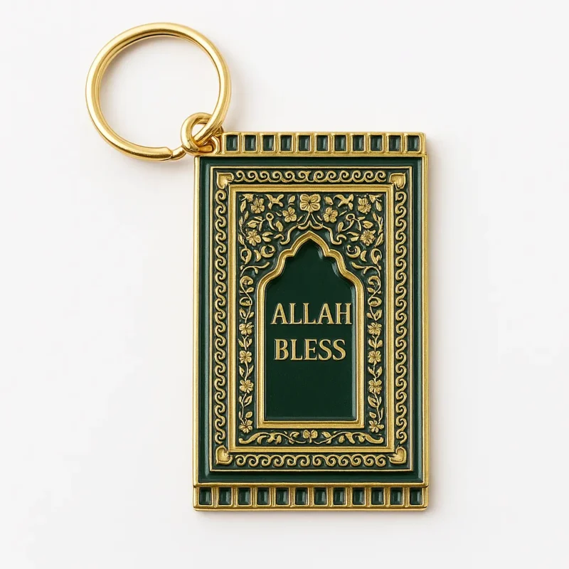 Keychain featuring "Allah Bless" text, designed for prayer mats, showcasing a blend of faith and functionality.