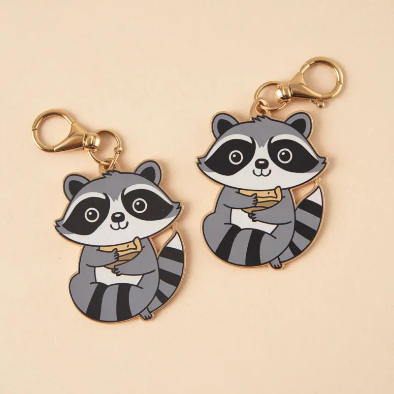 Two raccoons holding hands on a keychain, showcasing a cute and playful design.