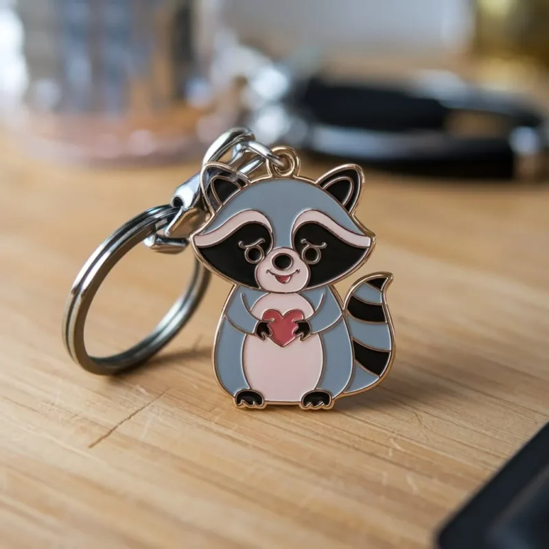 A cute raccoon keychain holding a red heart, showcasing a playful and affectionate design.