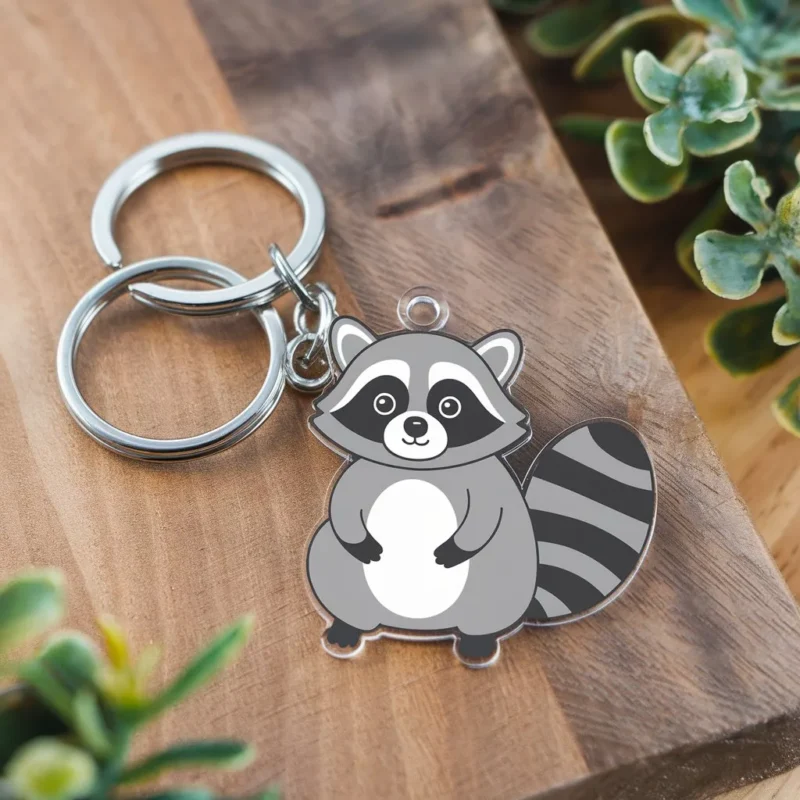 Raccoon keychain featuring a black and white striped face, designed for a playful and whimsical accessory.