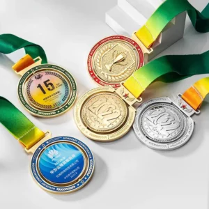A collection of spinning medals with colorful ribbons attached, showcasing various designs and achievements.