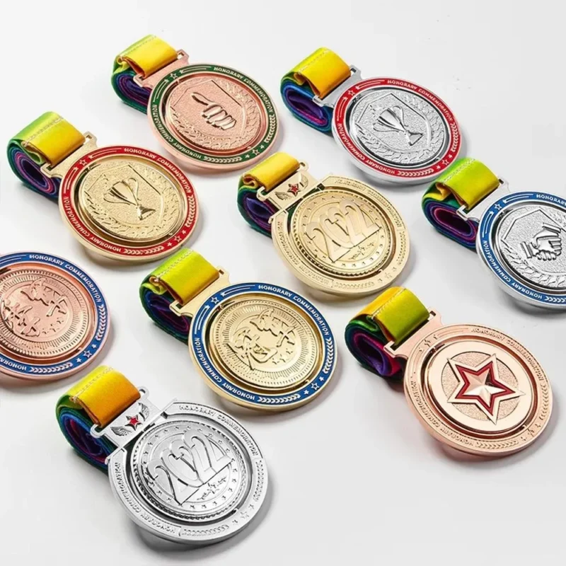 A collection of colorful spinning medals featuring various designs and shapes, showcasing their unique attributes.