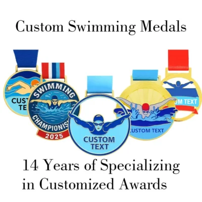 Custom swimming medals showcasing 14 years of expertise in personalized award design for athletes.
