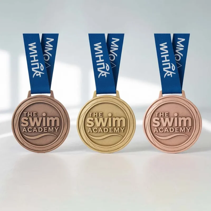 Three enamel medals featuring the words "Swim Club" prominently displayed on each medal.