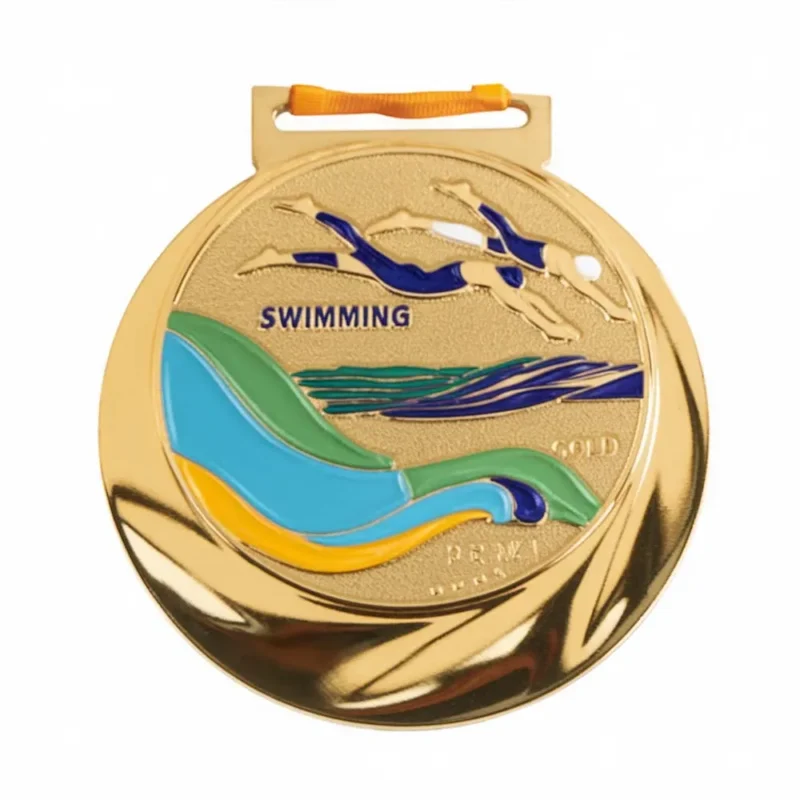 Gold enamel swimming medal featuring a swimmer in the water, symbolizing achievement in aquatic sports.
