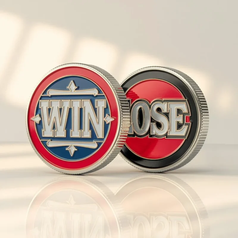 Two challenge coins labeled "win" and "lose," representing a flipping game or decision-making challenge.