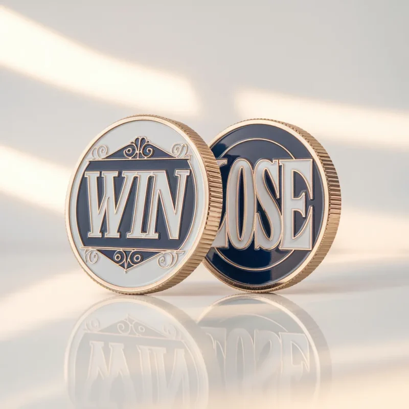 Two challenge coins labeled "win" and "lose," representing a flipping challenge.