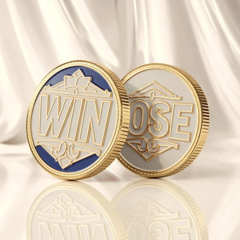 Two gold and white challenge coins displaying the words "win" and "lose," symbolizing a flipping challenge.