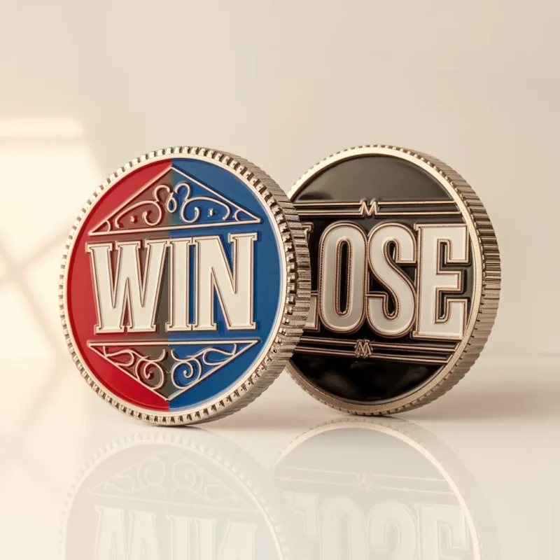 Two custom challenge coins displaying the words "win" and "lose" for a flipping game.