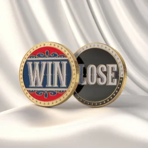 Two challenge coins displaying the words "win" and "lose," symbolizing a flipping challenge.