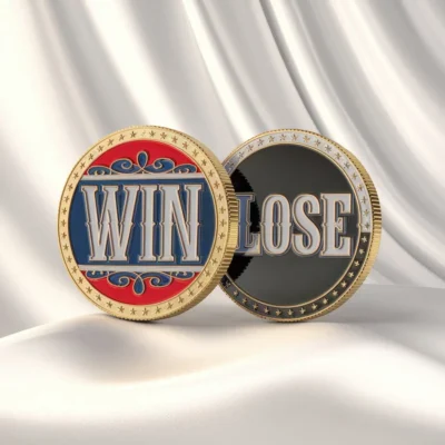 Two challenge coins displaying the words "win" and "lose," symbolizing a flipping challenge.