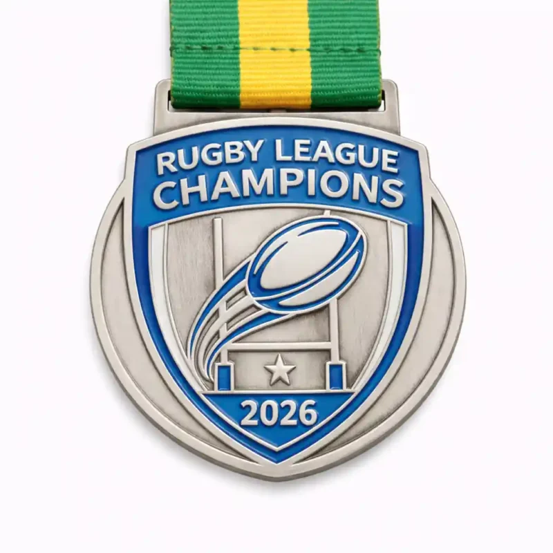 A silver and blue Rugby League Champions medal for 2026, featuring a stylized rugby ball flying through goalposts, a star beneath the posts, and a green and yellow ribbon attached at the top.