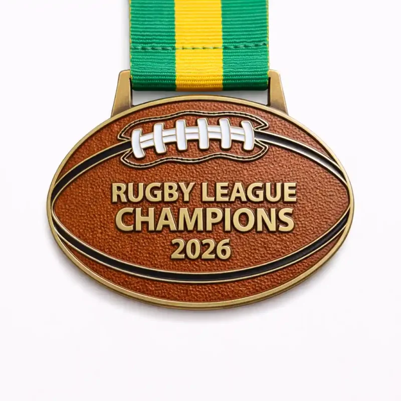 An oval-shaped Rugby League Champions 2026 medal designed like a rugby ball, featuring textured brown enamel, gold detailing, white laces at the top, and a green and yellow ribbon.