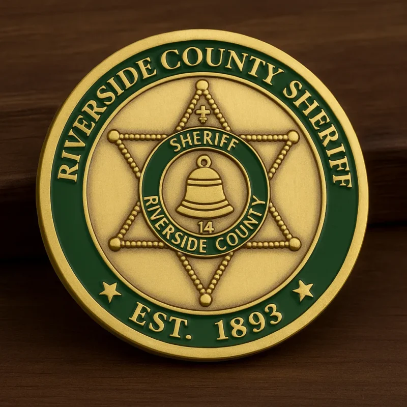 Riverside County Sheriff's Department badge displayed on a challenge coin, symbolizing law enforcement and community service.