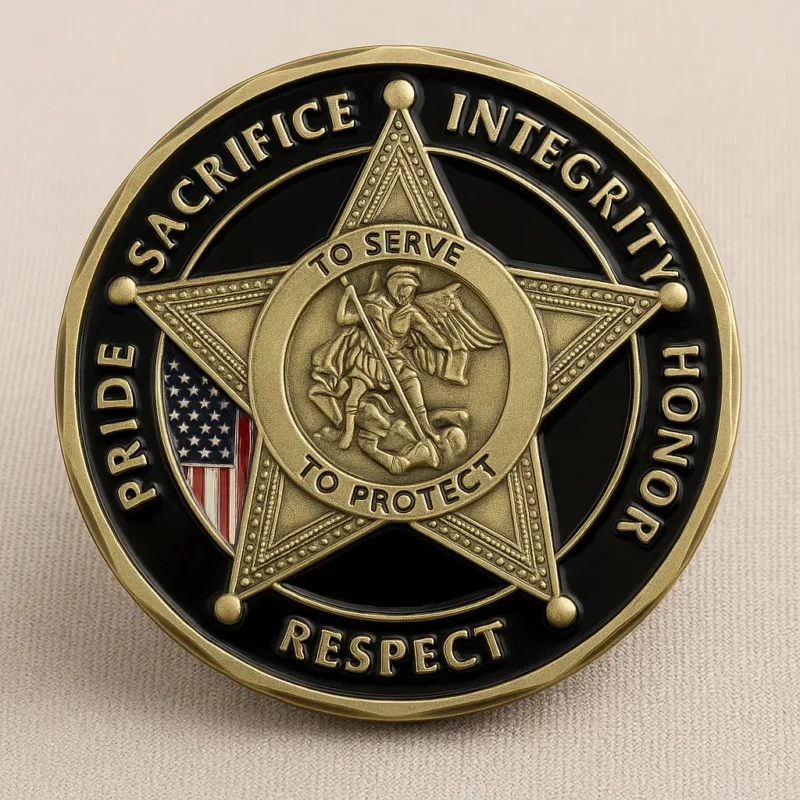 Badge featuring the words "sacrifice, integrity, honor, respect" representing Sheriff Department Challenge Coins.