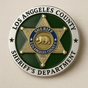 Los Angeles County Sheriff's Department badge displayed alongside challenge coins, symbolizing law enforcement pride and service.