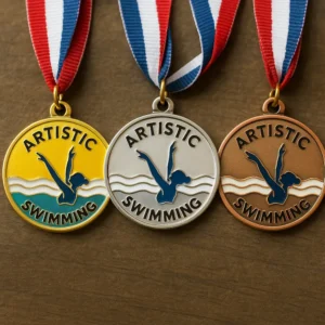 Three artistic swimming medals displayed, each featuring the words "artistic swimming" prominently.