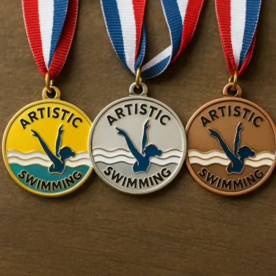 Three artistic swimming medals displayed, each featuring the words "artistic swimming" prominently.