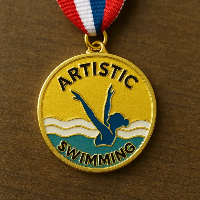 A medal featuring the words "Artistic Swimming" prominently displayed on its surface.