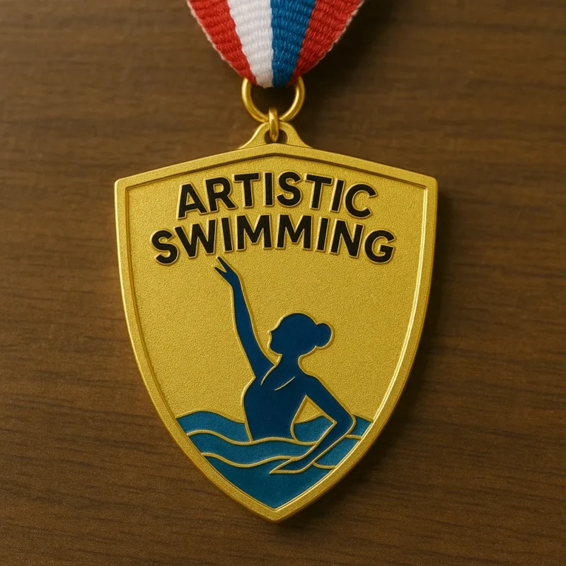 A shiny medal inscribed with "Artistic Swimming," representing achievement in the sport.