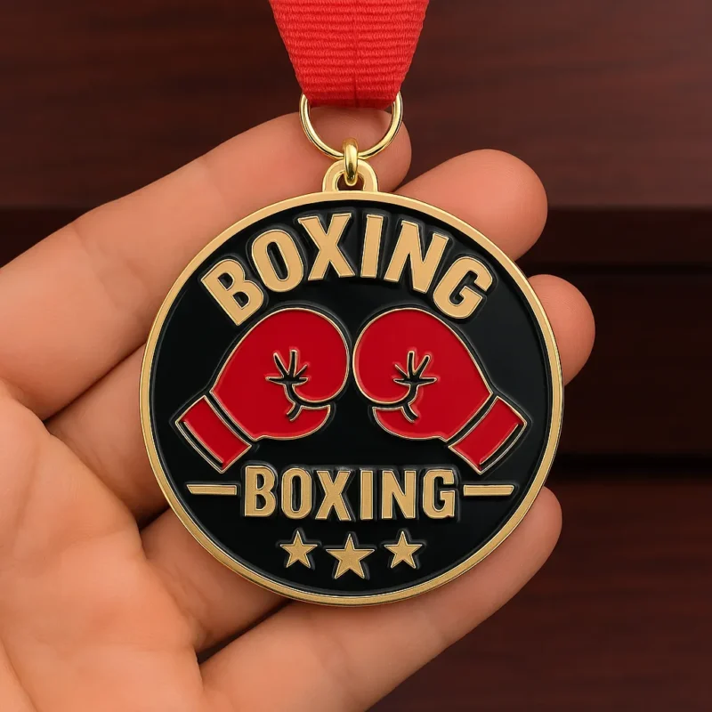 Gold boxing medal with a red ribbon and a prominent gold star at the center.