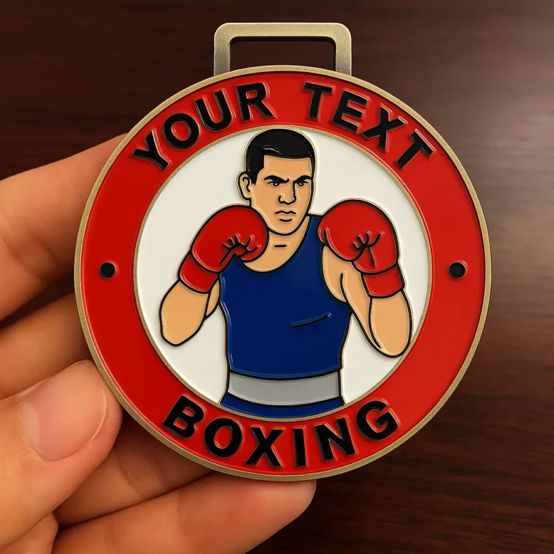 Custom-designed boxing medal featuring personalized engraving and a unique design for recognition in the sport.