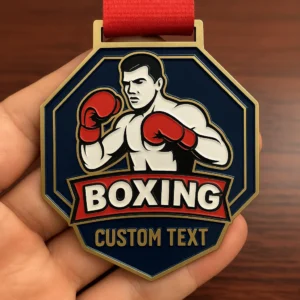 Custom-designed boxing medals featuring a boxing glove and laurel wreath, symbolizing victory and achievement in the sport.