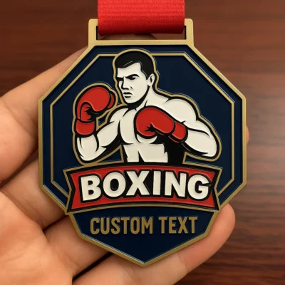 Custom-designed boxing medals featuring a boxing glove and laurel wreath, symbolizing victory and achievement in the sport.
