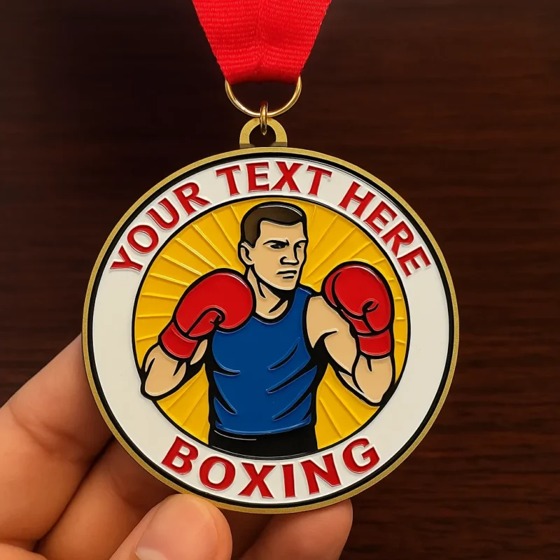 Detailed view of a boxing medal displaying text, highlighting a victory in a boxing competition.