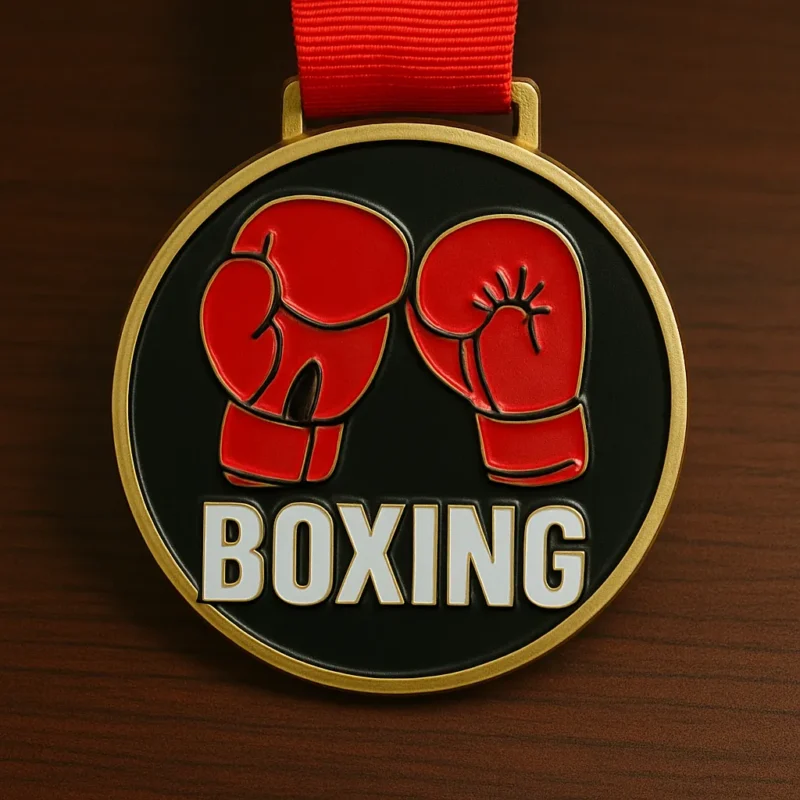 A boxing medal featuring a design of boxing gloves prominently displayed on its surface.