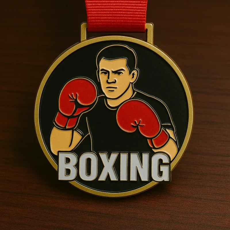 A medal featuring the word "boxing" prominently displayed on its surface.