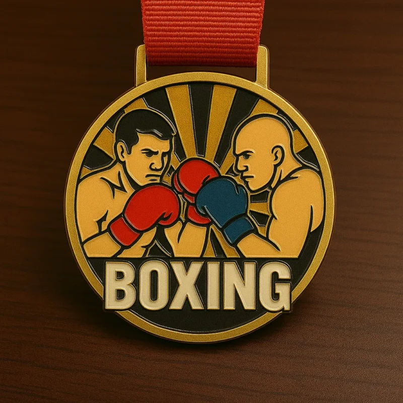 A boxing medal resting on a wooden table, showcasing its shiny surface and intricate design.
