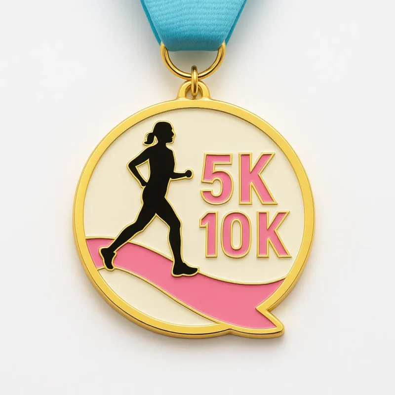 Breast cancer medal depicting a woman in motion, celebrating participation and support for the cause.