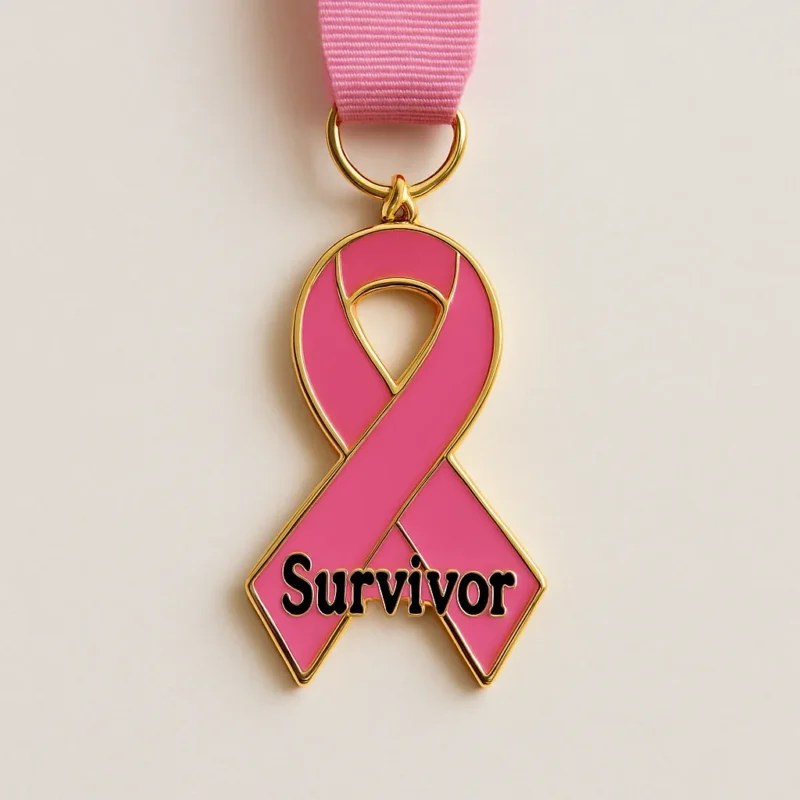 Pink ribbon with the word "Survivor," symbolizing triumph over breast cancer, often used in medals.