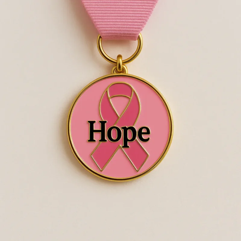 A pink ribbon featuring the word "hope," symbolizing support for breast cancer awareness and medals.