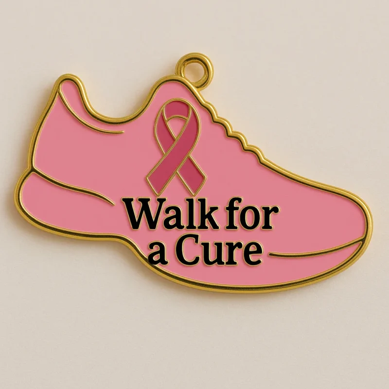 Pink ribbon symbolizing breast cancer awareness, accompanied by medals from a charity walk for a cure.