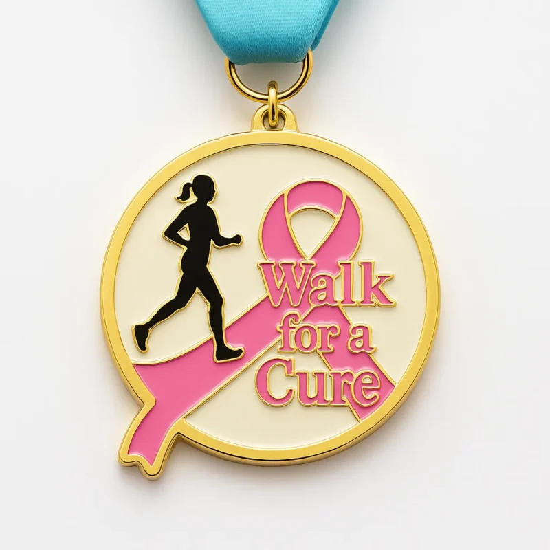 Medal featuring a woman running, adorned with a pink ribbon, symbolizing breast cancer awareness and support.