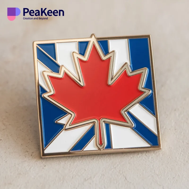 A Canadian flag pin featuring a red maple leaf, symbolizing Canada’s national identity and pride.