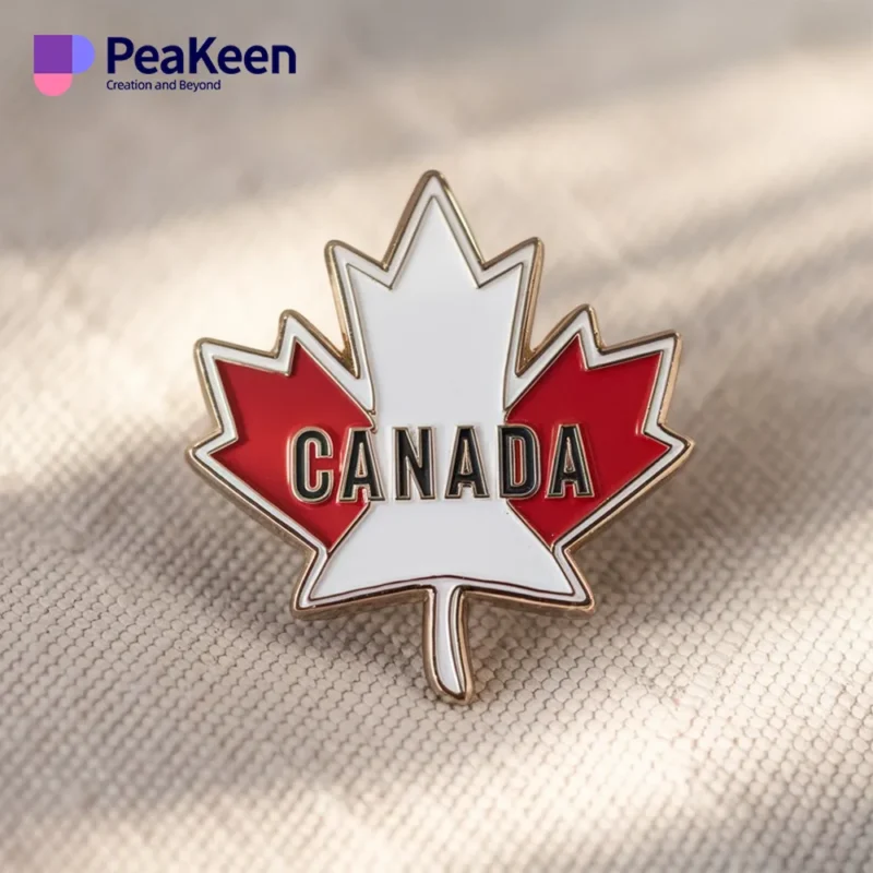 Custom maple leaf lapel pin representing Canada, featuring intricate detailing and vibrant colors.