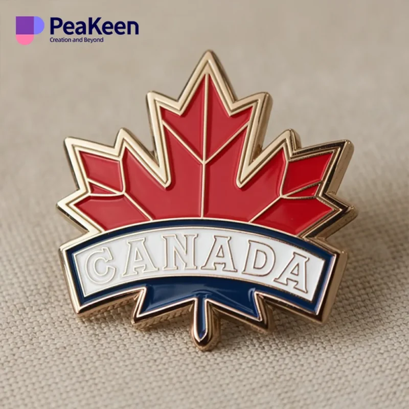 Custom logo pin featuring a Canada maple leaf design, symbolizing Canadian pride and identity.