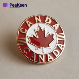 Custom enamel pin featuring a Canada maple leaf design, symbolizing Canadian pride and identity.